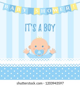 Baby Shower boy card. Vector. Sweet blue banner with newborn kid, flags, polka dot pattern. Baby boy birth party poster in flat design. Cute template invite background. Colorful cartoon illustration.