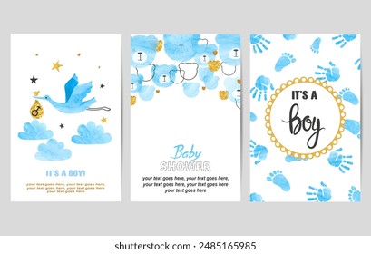 Baby shower boy cards set. Vector invitation birthday party card design