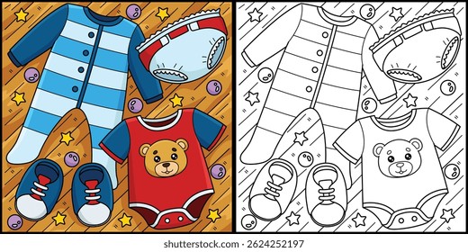 Baby Shower Boy Clothes Coloring Page Illustration
