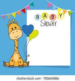 Baby Shower Boy. Cute Giraffe. Space For Text Or Photo