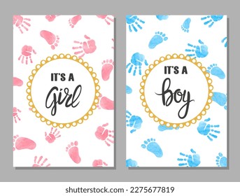 Baby shower boy and girl card set. Watercolor invitation cards design with baby palm hands and foot prints