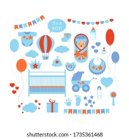 Baby shower boy icon vector set isolated on white background. Newborn sign balloon, rattle, pram, crib, bib, hat, booties, pin, body, baby in a blanket, handprint, footprint. Flat design illustration.