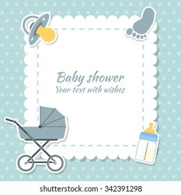 Baby shower boy invitation card. Place for text.  Greeting cards.