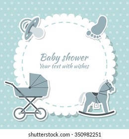 Baby shower boy invitation card. Place for text.  Greeting cards.