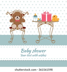 Baby shower boy, invitation card. Place for text.  Greeting cards. Vector illustration