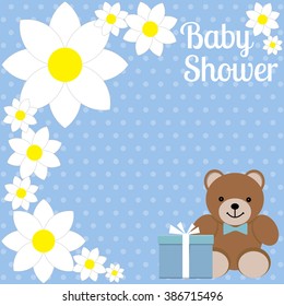 Baby shower boy, invitation card. Place for text. Greeting cards. Vector illustration. Teddy bear with a gift box, blue background, flowers.