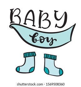 Baby shower boy invitation with hand drawn lettering and blue socks. Template for birthday party card. Vector illustration.