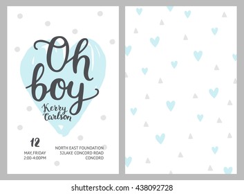 Baby shower boy invitations, vector templates. Shower pastel cards with hearts and hand drawn text on white background