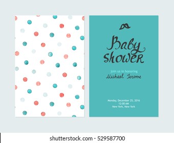 Baby shower boy invitations, vector templates. Pastel cards with watercolor dots and hand drawn text on turquoise background.