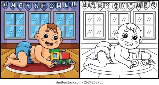 Baby Shower Baby Boy Playing Toys Illustration 