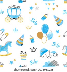 Baby Shower Boy seamless pattern. Vector watercolor kids background.