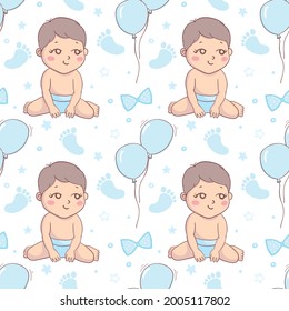 Baby shower boy seamless pattern. Vector kids background.