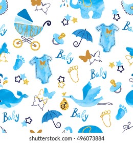 Baby Shower Boy Seamless Pattern. Vector Watercolor Kids Background. 