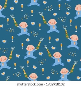 Baby shower boy seamless vector pattern. Baby boy holding a bottle of champagne, Wine flutes and pacifiers repeating blue background.