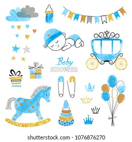 Baby Shower Boy set. Collection of vector watercolor design elements.