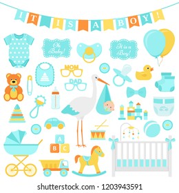 Baby Shower boy set. Vector. Cute blue elements for birth party. Baby icons isolated for card, print, postcard, nursery, template banner, flat design on white background. Colorful cartoon illustration