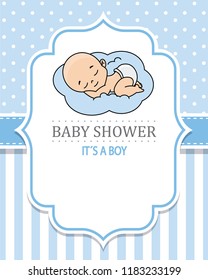baby shower boy. baby boy sleeping on the cloud. space for text