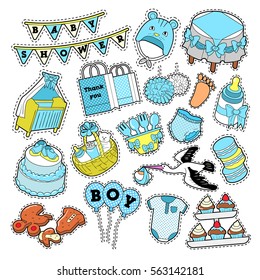 Baby Shower Boy Stickers, Badges, Patches for Birthday Party Decoration. Vector Doodle