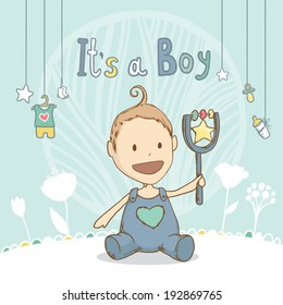 Baby shower it's a boy, baby with toy. Vector illustration card