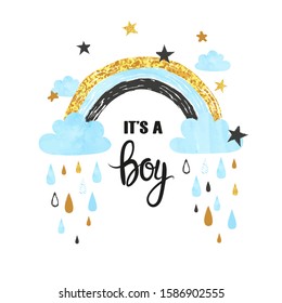 Baby shower boy vector illustration. Abstract rainbow with clouds.