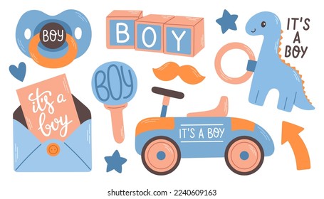 Baby shower Its a boy. Vector illustration for baby boy shower and baby items. svg
