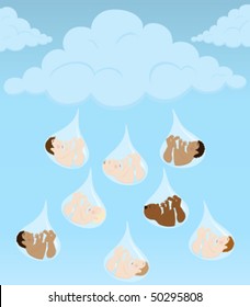 Baby shower of baby boys falling from clouds in rain drops.