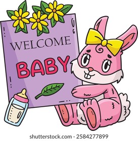 Baby Shower Bunny with a Plaque Cartoon Clipart 