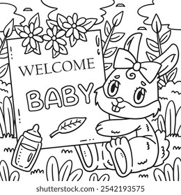 Baby Shower Bunny with Plaque Coloring Page 