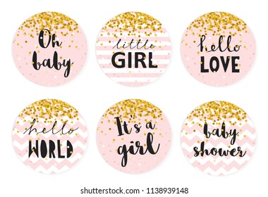 Baby Shower Candy Bar Vector Tags. 6 Cute Circle Shape Tags. Golden Tiny Confetti Falling on a  Pink Background. Pink Background With White Stripes and Chevron. Dark Gray Letters. Sweet Pink Stickers.