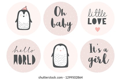 Baby Shower Candy Bar Vector Tag Set. 6 Cute Circle Shape Tags. Tiny White Dots on a  Pink Backgrounds. Gray Letters. Adorable Little Penguins. It's a Girl. Delicate Grunge Nursery Art. Pastel  Colors