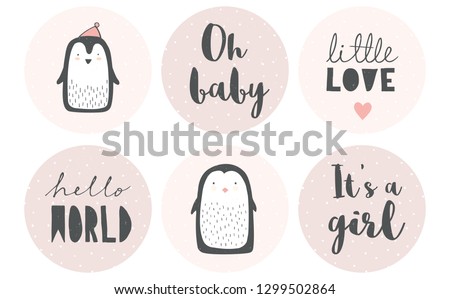 Baby Shower Candy Bar Vector Tag Set. 6 Cute Circle Shape Tags. Tiny White Dots on a  Pink Backgrounds. Gray Letters. Adorable Little Penguins. It's a Girl. Delicate Grunge Nursery Art. Pastel  Colors