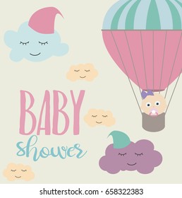 Baby Shower card with air balloons and cute clouds. Vector illustration