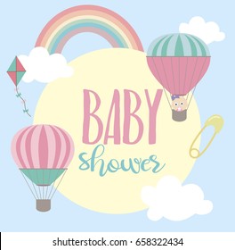 Baby Shower card with air balloons and cute clouds. Vector illustration