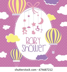 Baby Shower card with air balloons and cute clouds. Vector illustration
