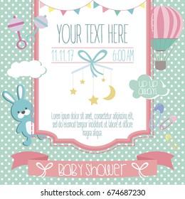 Baby Shower Card With Air Balloons And Cute Clouds. Vector Illustration