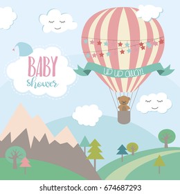 Baby Shower card with air balloons and cute clouds. Vector illustration