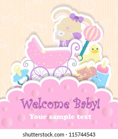 Baby shower card - baby arrival card in a paper style with little bunny, baby carriage, baby's dummy, rattle and baby's bootees