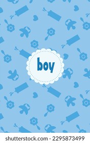 Baby shower card, background from baby things, lace and text in the middle.