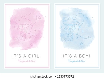 Baby shower card. Ballon tassel cloud illustration on pink blue watercolor background.