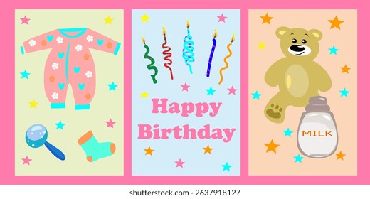 Baby shower card with bear , cute banner , beautiful poster , Happy Birthday, Pink clothes , Small Toys