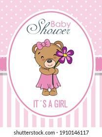 Baby shower card. Bear with a flower