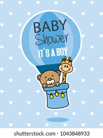 baby shower card. bear and giraffe flying in a balloon.It' s a boy