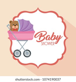 baby shower card with bear teddy in cart