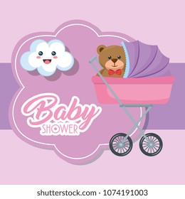 baby shower card with bear teddy in cart