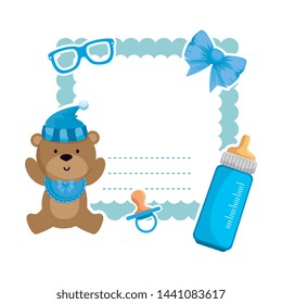 baby shower card with bear teddy and bottle milk