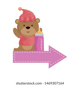 baby shower card with bear teddy and milk bottle