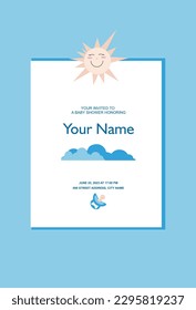 Baby shower card, blue background, white frame, smiling sun, baby pacifier.
