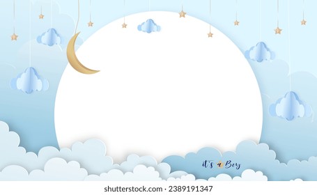 Baby shower card blue background,Template paper cut cute invitation of frame with cloudscape,crescent moon and stars on blue sky,Vector illustration paper art with copy space for baby' boy photos