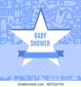 Baby shower card in blue color. Arrival postcard for boys with star place for your text. Invitation on newborn toddler birthday. Vector illustration. Cute pretty tender invite poster flyer template.