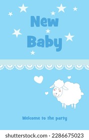 Baby shower card, blue starry sky, white sheep with a smile and hearts.